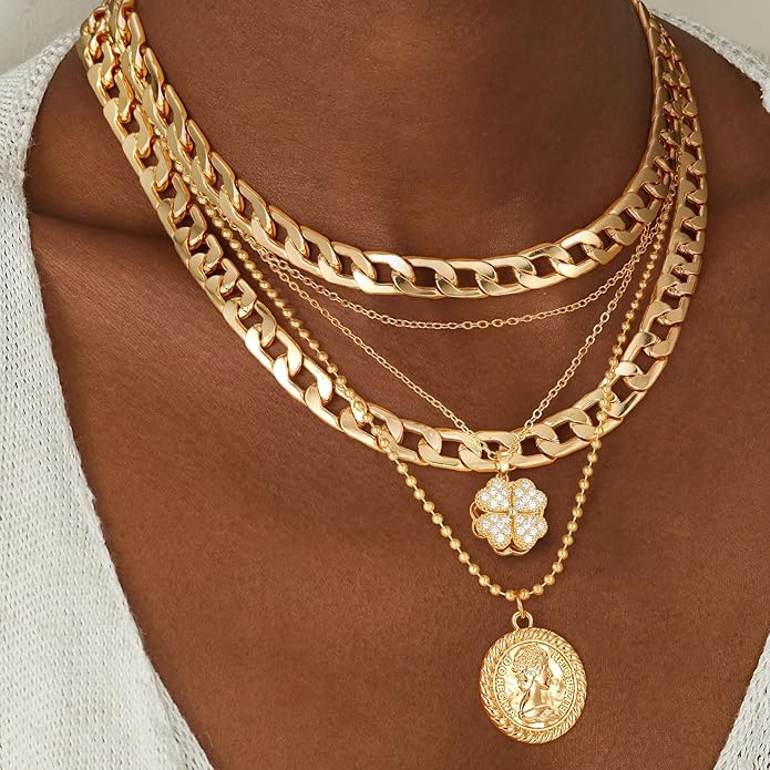 MJartoria Layered Necklaces for Women Trendy Retro Coin Pendant Necklace Dainty Chunky Chain Choker Necklaces for Jewelry Birthday Gifts