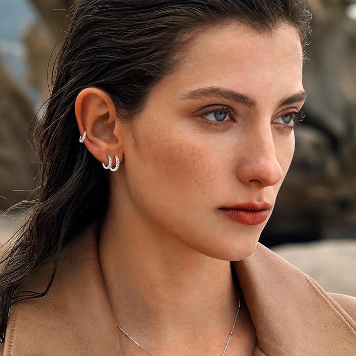 micuco 3 Pairs Small Hoop Earrings Tiny Cartilage Earrings for Women Cubic Zirconia Earrings Huggie Hoop Ear Piercing Earrings for Men 8mm 10mm 12mm