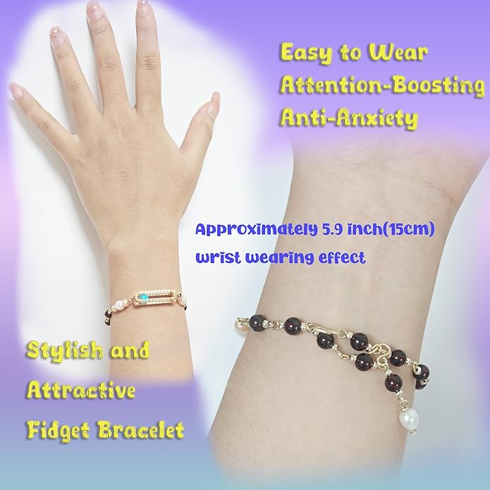 Fidget Bracelet for Anxiety with Rolling Lab Opal, Freshwater Pearl & Natural Garnet, Handmade 14K Gold-Plated Brass Chain, Dainty Fashion Jewelry (Adjustable Dual Hook)