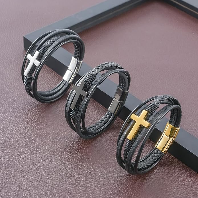 Fahonie Cross Leather Bracelet for Men Women 316L Stainless Steel with 18K Gold Plated Christ Jesus Multi-layer Handmade Christian Bracelet,7.5/8/9 Inches