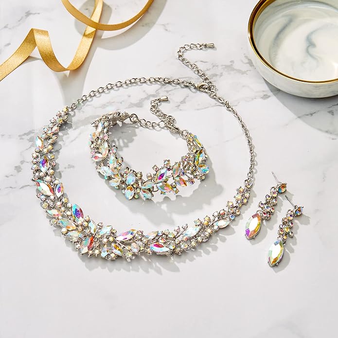 BriLove Women's Wedding Bridal Austrian Crystal Marquise Cluster Collar Necklace Dangle Earrings Set