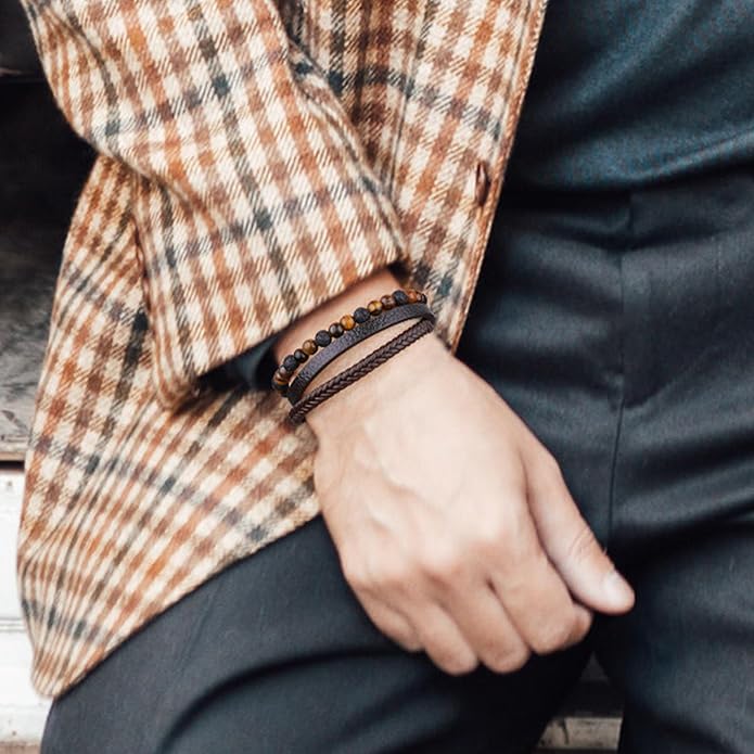Gifts for Men - Layered Leather Beads Bracelet, Tiger Eye Lava Rock Stone Braided Leather Bracelets for Men Adjustable Magnetic Clasp Birthday Gifts