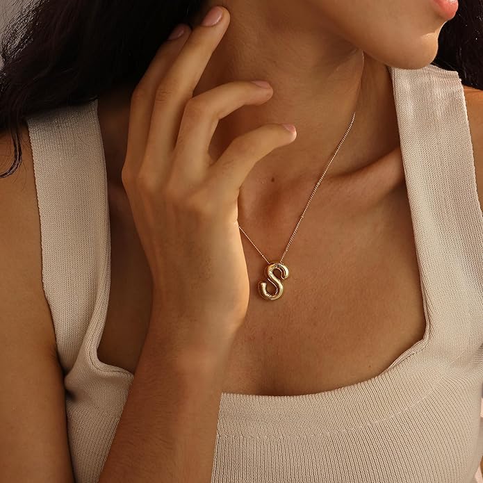 Initial Necklaces for Women, 14k Gold Plated Bubble Letter Necklace Chunky Gold Necklace Dainty Charm Initial Necklaces for Women Trendy Custom Preppy Stocking Stuff Necklace Christmas Gifts