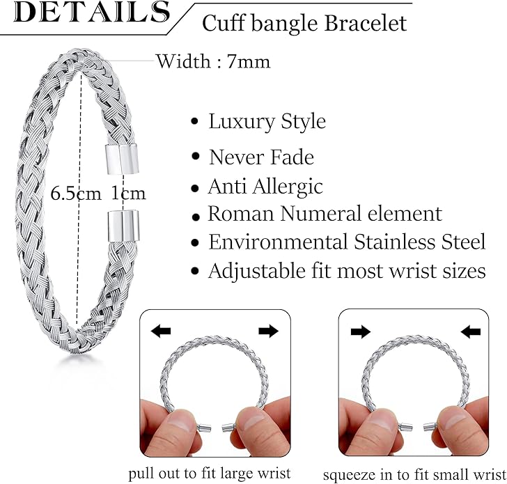 WFYOU 3PCS Stainless Steel Bracelets for Men Gold Roman Numeral Bangle Bracelet Twisted Cable Bracelet Adjustable Cuff Bracelet Mens Luxury Jewelry Bracelets Gifts