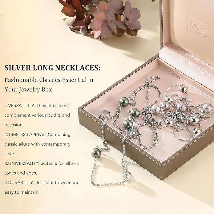 Silver Layered Long Necklace for Women Pearl Crystal Sweater Strand Chain Necklaces Fashion Gifts