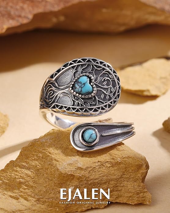 S925-Sterling-Silver Abalone Dragonfly-Turquoise Spoon Ring - Vintage Boho Sunflower Thumb Oxidized Wrap Rings Victorian Style Antique Floral Jewelry Gifts for Women
