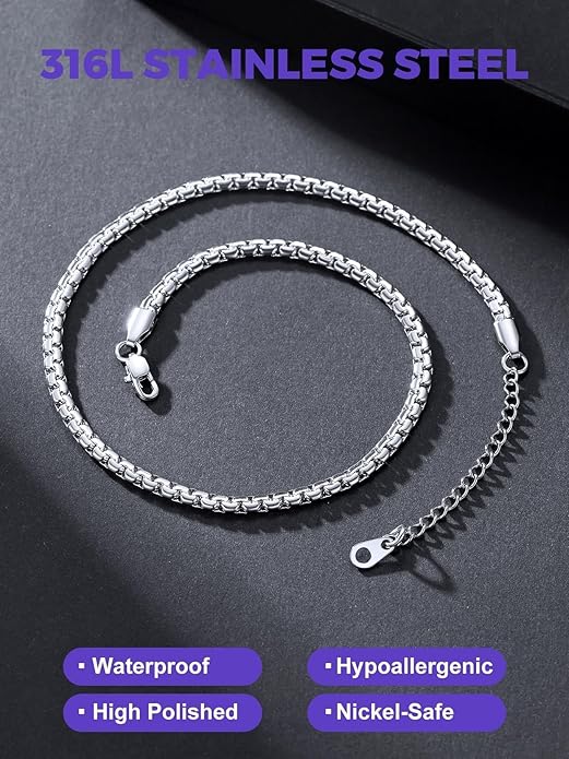 Richsteel Stainless Steel Mens Flat Link Chain Necklace, Black/Gold/Steel Chain for men, 2mm/4mm/6mm Width, No Tarnish & Hypoallergenic Hip Hop Jewelry, 18"-30" Length