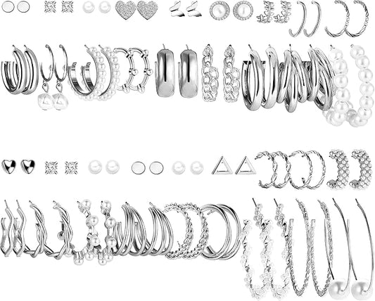 FAXHION 36 Pairs Gold Earrings Set for Women, Fashion Pearl Chain Link Stud Drop Dangle Earrings Multipack Hoop Earring Packs, Hypoallergenic Earrings for Birthday Party Jewelry