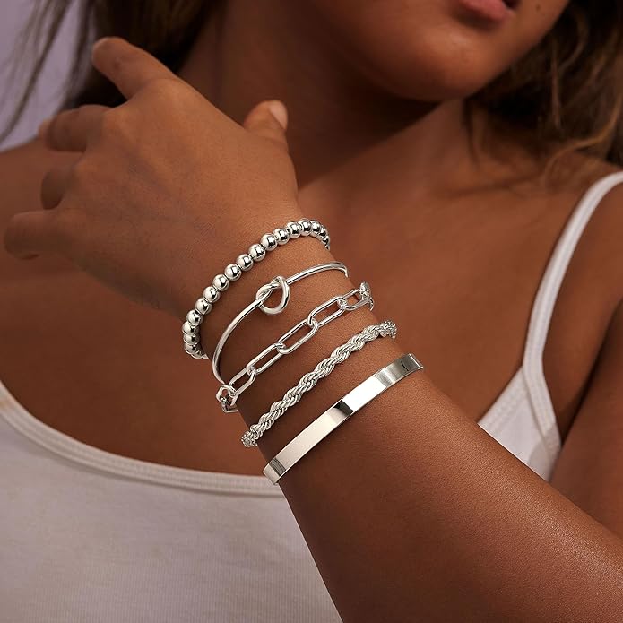 Gold Bracelets for Women Non Tarnish, 14K Gold Plated Chunky Cuff Bracelet Gold Bangles Bracelet for Women Trendy Tie Knot Cuban Rope Paperclip Beaded Bracelet Stack Jewelry Gifts