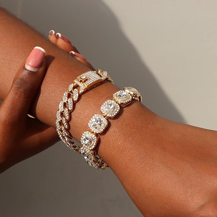 shopbyskyler 4PCS Gold Bracelets for Women Silver Clustered Tennis Bracelet for Women Heart Round Diamond Cuban Bracelet Layered Link Bracelet Set Fashion Jewelry for Women Set