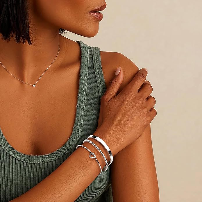 Silver Bracelets for Women Stack, Silver or Gold Plated Cuff Bangle Set, Trendy Silver Jewelry for Women Fashion