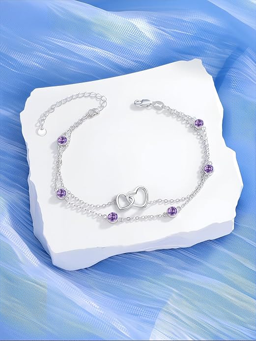 Dorunmo Heart Birthstone Bracelet Anklet for Women 925 Sterling Silver Birthday Jewelry Gifts for Women Wife