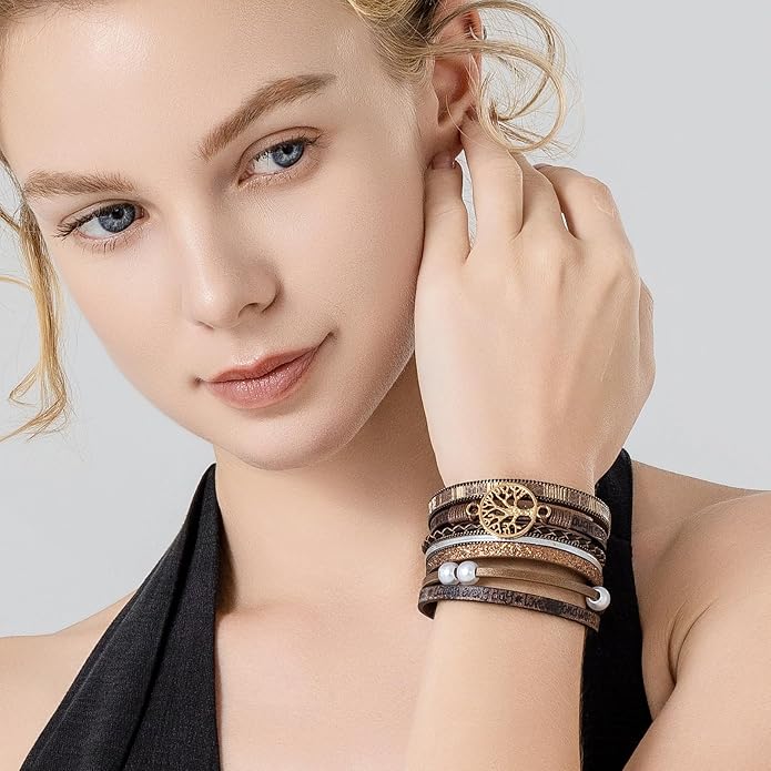 FANCY SHINY Tree of Life Leather Wrap Bracelet Inspirational Cuff Bangles Boho Pearl Bracelets with Magnetic Clasp Unique Jewelry Gifts for Women