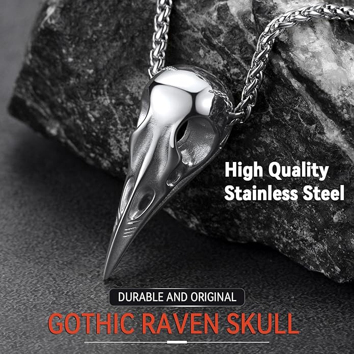 FaithHeart Viking Raven Necklace for Men, Norse Mythology Raven Skull Pendant Sturdy Stainless Steel Amulet Jewelry Gift for Men