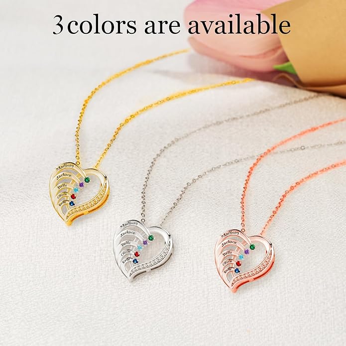 Easycosy Custom Name Necklace with Simulated Birthstones Customized Promise Necklace Heart Pendant with Engraved 2-6 Names - Anniversary Birthday Christmas Jewelry Gifts for Women Wife Mom Grandma