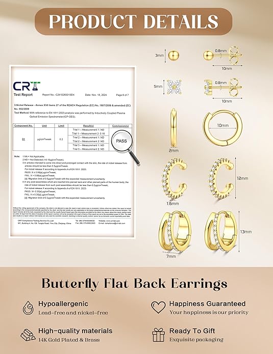 Florideco 925 Sterling Silver Earrings for Women Trendy Hypoallergenic Small Gold Hoop Earrings 14K Gold Plated Stud Earring Sets for Multiple Piercing CZ Ear Cuff Cartilage Earring Stacks