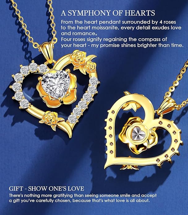 Beam & Bask Rose Flower Love Heart Necklace for Wife, 2-3 Carat Moissanite Women's Pendant, Sterling Silver Plated with 18K Gold, Anniversary Birthday Wedding Jewelry for Girlfriend Soulmate Her