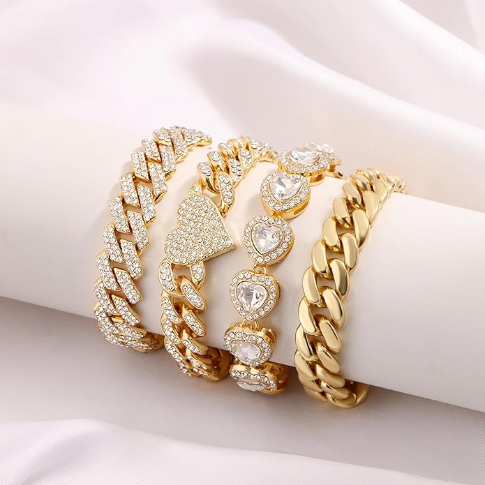 shopbyskyler 4PCS Gold Bracelets for Women Silver Clustered Tennis Bracelet for Women Heart Round Diamond Cuban Bracelet Layered Link Bracelet Set Fashion Jewelry for Women Set