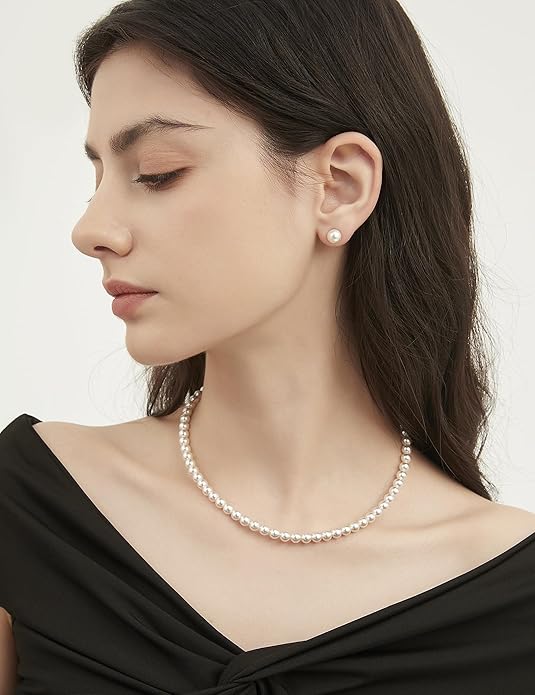 Mameloly Pearl Necklaces for Women Dainty 925 Sterling Silver 18K Gold Plated 6MM Simulated White Pearl Choker Necklace Strand for Her Engagement Wedding Birdal