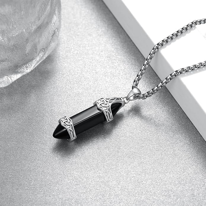 Tiaxiemo Viking Necklace for Men 925 Sterling Silver Obsidian Celtic Knot Necklace Norse Jewelry Gifts for Men