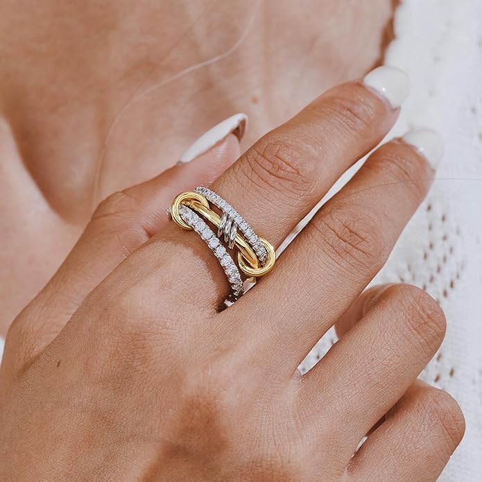 AllenCOCO 14K Gold Plated Stackable Rings, 3 Ring Set with CZ Cubic Zirconia, Gold & Silver Stacked, Multi-Link Connected Interlocking Band for Women Statement Hypoallergenic Upgraded Craft