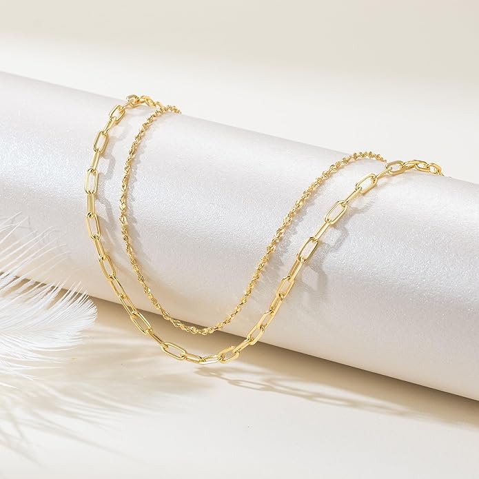 14K Gold Anklets for Women Gold Ankle Bracelets for Women Double-Layer Design Delicate Chain Stacked with Paperclip Link Anklets for Womens ankles bracelets