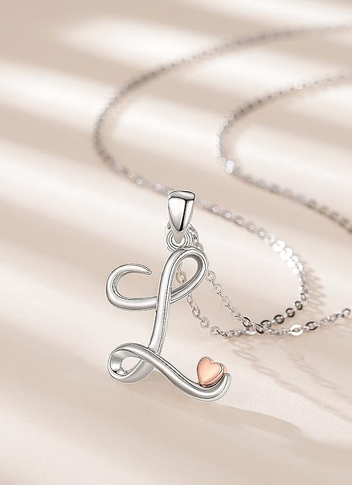 CELESTIA 925 Sterling Silver Initial Necklaces 26 Letter with Rose Gold Heart - 18 Inch Chain