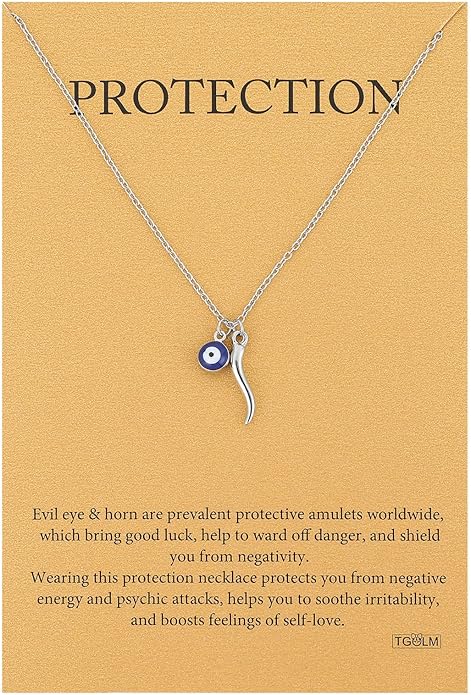 Dainty Blue Evil Eye Charm Horn Pendant Necklace for Women's Spiritual Protection Jewelry 14K Gold Plated