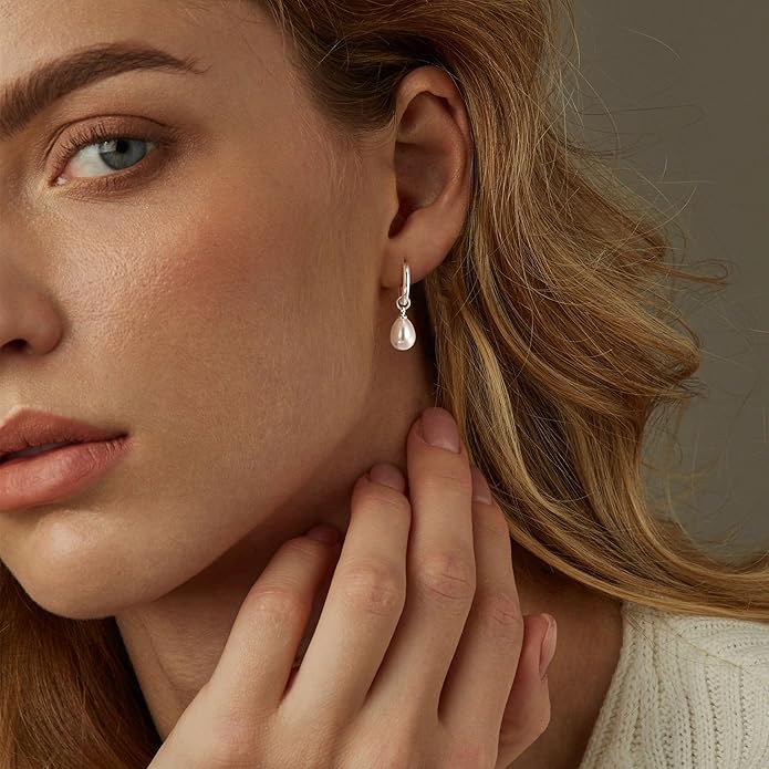 14K Gold Plated Pearl Dangle Earrings for Women, Small Pearl Drop Huggie Hoop Earrings, Hypoallergenic Dainty Gold Wedding Earrings Jewelry Gifts for Women Trendy