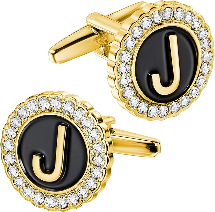 HAWSON A-Z Initial Cufflinks for Men and Women with Clear Crystal, Gold Silver Color Rasied Letter A-Z Cuff Links for French Shirt, Gift for Normal and Business Wearing
