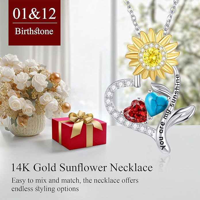 PERJI Valentine's Day Gifts for Women - 925 Sterling Silver Double Birthstone Sunflower Necklace, Anniversary Birthday Jewelry You are My Sunshine Gifts for Wife Couple Girlfriend 18"+2" Non Tarnish