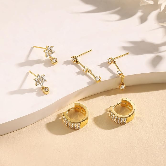 3 Pairs Earrings Set for Multiple Piercings, Gold Plated Studs Hoop Earrings Stack, CZ Dangle Earrings Set, Hypoallergenic for Sensitive Ears, Women's Gift
