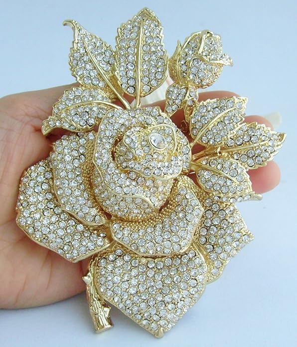 Gorgeous Wedding 5.32" Big Rose Flower Brooch Pin Austrian Crystal Pendant BZ2994