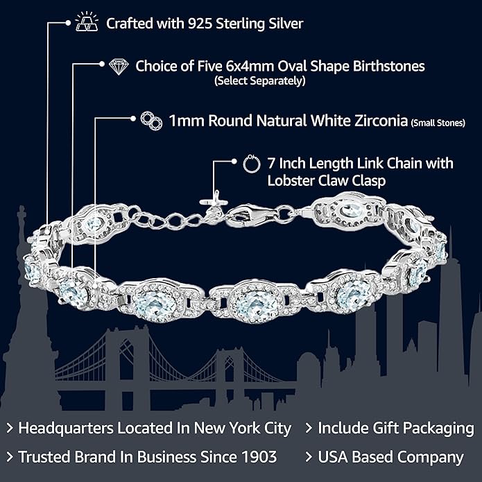 Gem Stone King 7-14 Cttw Oval Gemstone Birthstone Tennis Bracelet For Women | 925 Sterling Silver | Oval 6X4MM | 7 Inch With 1 Inch Extender | Fine Jewelry Gifts for Her Mom Women Wife