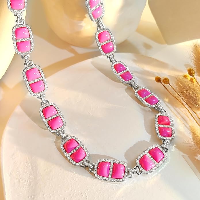 Chunky Necklace for Women 12 Colors Diamond Stone Gold Statement Necklace for Women Full Trendy Blue Birthstone Choker Necklace for Women Square Design Necklace Jewelry