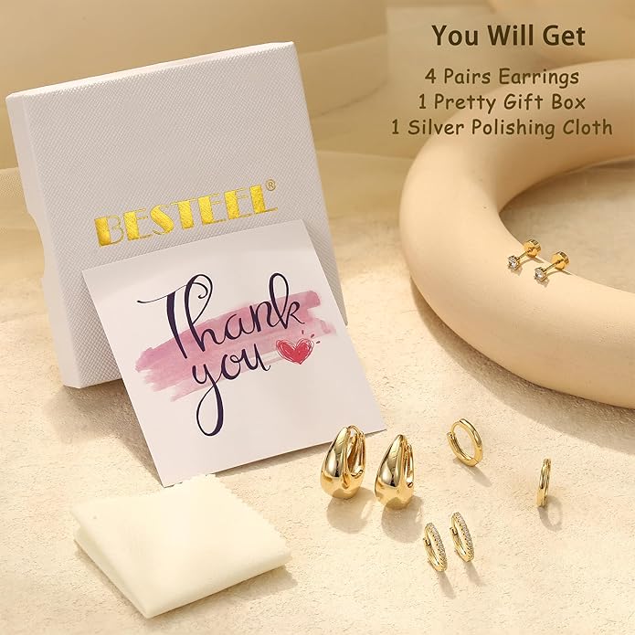 BESTEEL Small Hoop Earrings for Women - Hypoallergenic 14K Gold Plated Surgical Steel Chunky Huggie Earings Stacks Set Dainty Cute Cartilage Flat Back Stud Jewelry Trendy Gift 4 Pairs