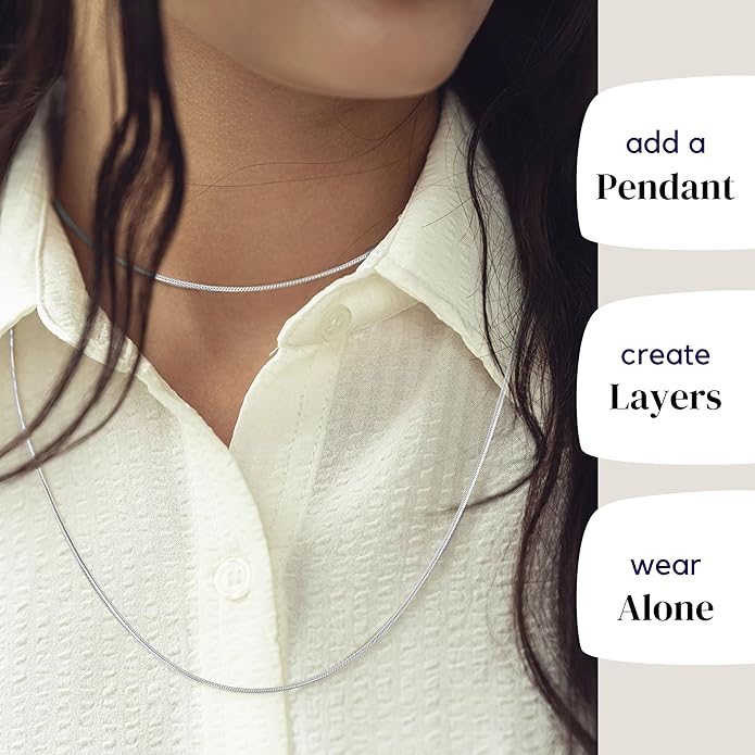 KISPER Silver 8 Sided Snake Chain Necklace –Thin, Dainty, 925 Sterling Silver Jewelry for Women & Men with Lobster Clasp – Made in Italy