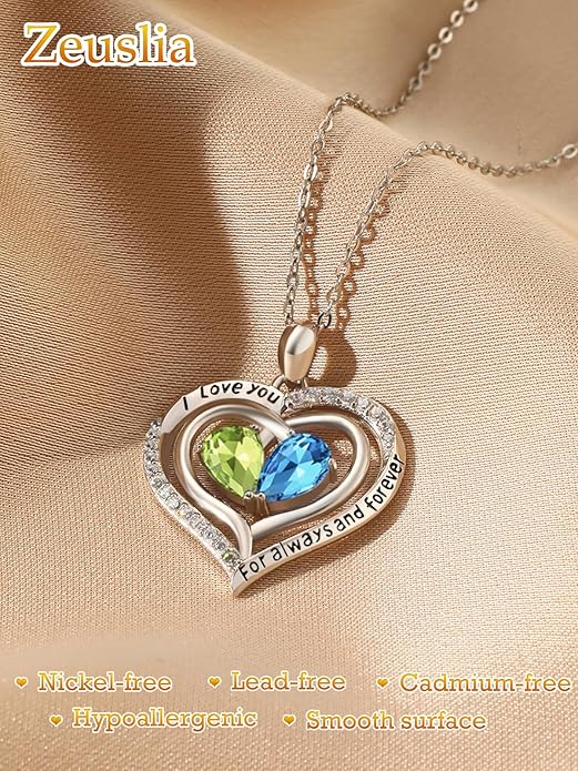 Zeuslia Double Birthstone Necklace Gifts for Wife - 925 Sterling Silver Sunflower/Rose/Crown Cross/Compass/Heart Pendant I Love You Necklace, Anniversary Birthday Gifts for Wife Girlfriend Mom Her