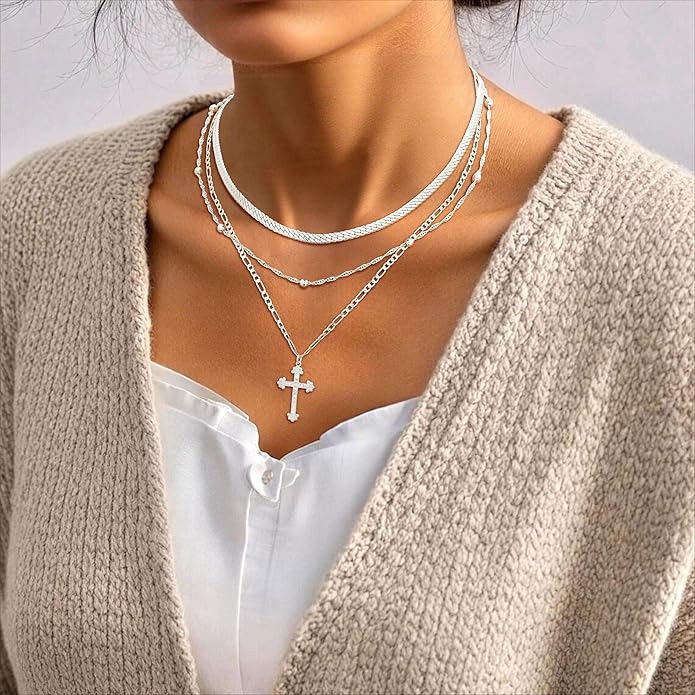 ASCOMY Gold Necklace for Women 14K Gold/Silver Plated Layered Necklaces Stackable Layering Cross Necklace Stacked Coin Pendant Pearl Herringbone Chain Stacking Gold Choker Trendy Jewelry Gift for Her