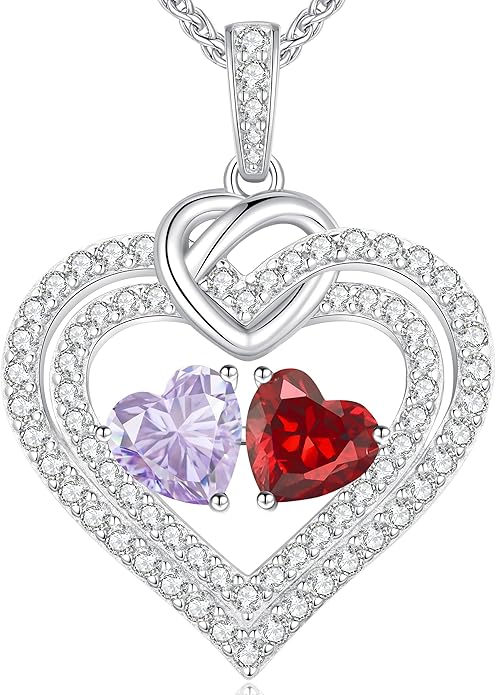 LOUISA SECRET Sparkling Double Heart Birthstone Necklaces for Women, 925 Sterling Silver Fine Jewelry, Pendant Heart Necklaces Birthday Anniversary Christmas Gift for Women Wife Mom Girlfriend Lady