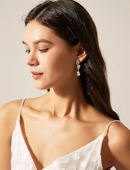 EAMTI Teardrop Wedding Earrings for Women Cubic Zirconia Dangle Bridal Earrings 925 Sterling Silver Post Pear Cut Earring for Prom Bridesmaid
