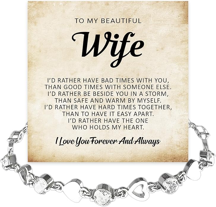 To My Wife Crystal Heart Bracelet Gift From Husband, Beautiful Wife Jewelry For Anniversary, Birthday, Christmas, Valentine’s Day, Bracelet For Her With Heartfelt Message & Elegant Box