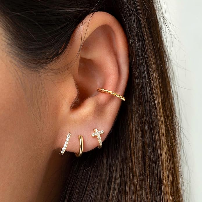 DORANA Valentines Day Gift 3 Pairs 925 Sterling Silver Earrings for Women Girls Non Tarnish Small Hypoallergenic Huggie Hoops Cartilage Stack Earring Sets for Multiple Piercing