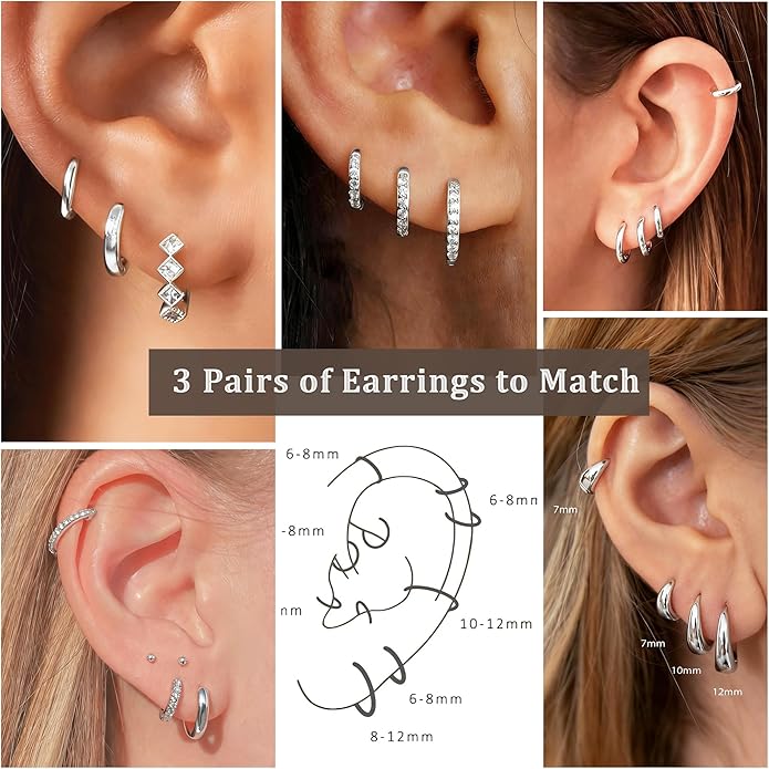 DORANA Valentines Day Gift 3 Pairs 925 Sterling Silver Earrings for Women Girls Non Tarnish Small Hypoallergenic Huggie Hoops Cartilage Stack Earring Sets for Multiple Piercing