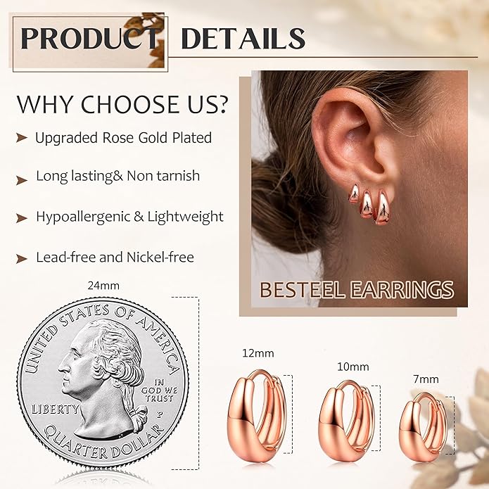 BESTEEL 3Pairs 14K Gold Plated Hoop Earrings Set for Women Chunky Earring Silver Plated Hypoallergenic Small Huggie Hoops Lightweight Tiny Thick Trendy Hoop Earrings Stacks for Multiple Piercing