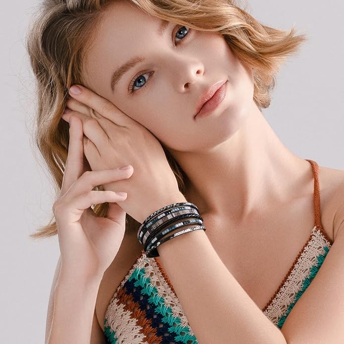 FANCY SHINY Boho Leather Wrap Bracelets Trendy Layered Bracelets with Magnetic Clasp Strackable Bohemian Jewelry Gifts for Women
