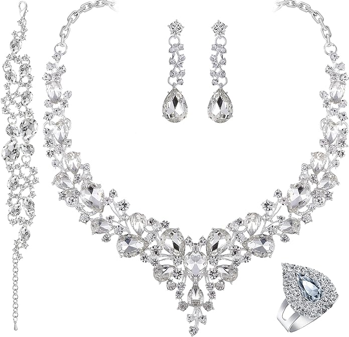 Paxuan Crystal Bridal Wedding Jewelry Sets for Women Rhinestone Teardrop Crystal Statement Choker Necklace Drop Earrings Link Bracelets Rings Teardrop Jewelry Set for Brides Bridesmaids