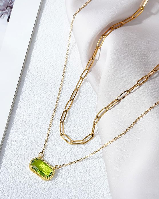 Lourny Gemstone Birthstone Pendant Layered Necklace for Women Trendy, 18K Gold Plated Paperclip Chain Preppy Choker Charm Necklace for Women Wife Jewelry