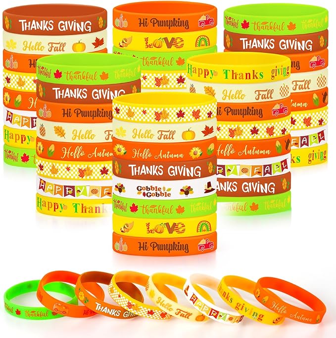 JUNEBRUSHS 64pcs Thanksgiving Party Favors Fall Leaves Pumpkin Silicone Bracelets Rubber Wristbands for Autumn Thanksgiving Home Office Party Decorations Gifts