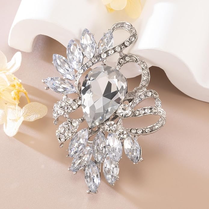 SELOVO Leaf Rhinestone Statement Brooch Pin Dress Jewelry Accessory